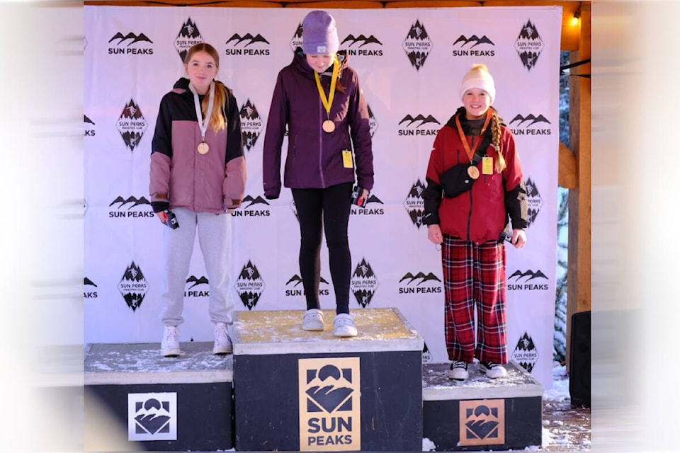 Apex Freestyle Club athletes Lillian McCaughey, Lyla Ritchie and Charlie Longstreet sweep the Sun Peaks podium after the Big Air Super Youth F14 event. (Photo- Apex Freestyle Club) 