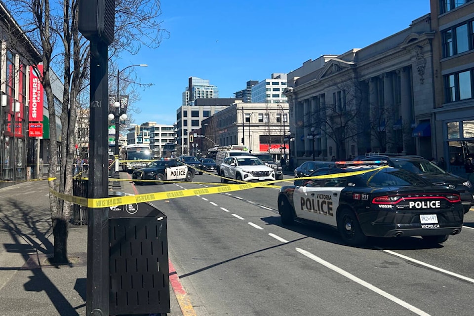 A partial road closure impacts traffic on Broughton and Douglas streets in Victoria on March 19. (Mark Page/News Staff) 