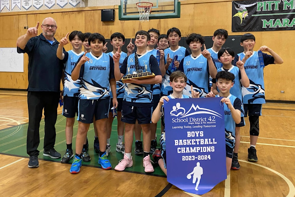 The Meadowridge School Grade 6/7 boys basketball team won its first-ever district championship on March 13. (Meadowridge School/Special to The News) 