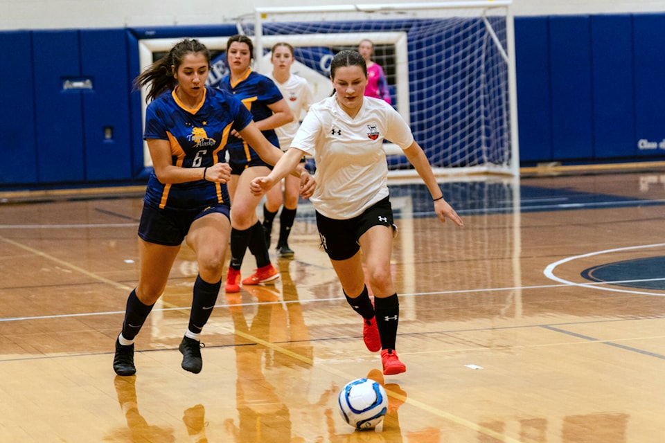 The under-18 girls’ futsal team competing at Palmer High School at the 2024 Arctic Winter Games in Mat-Su Valley, Alaska. (Team Yukon/Sarah Lewis Photography) 