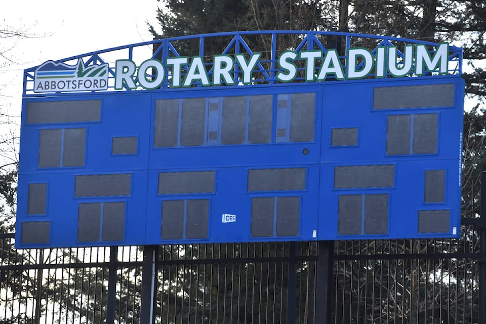 The new score clock at Abbotsford’s Rotary Stadium was installed on Tuesday (March 12). (Ben Lypka/Abbotsford News) 