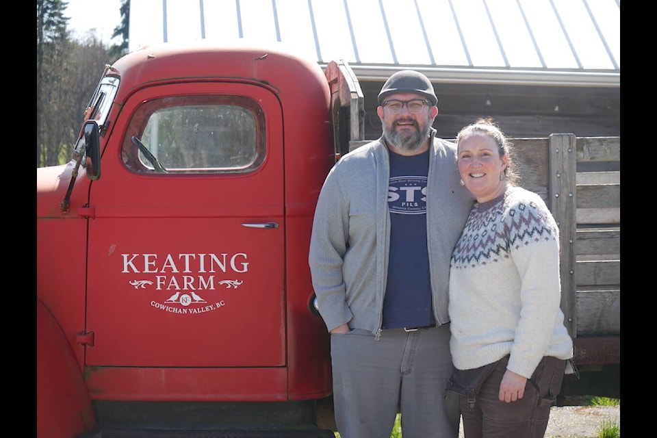 George and Rebecca Papadopoulos traded in their urban settings and nine-to-five lifestyles for life on the farm when they took the plunge and bought the Keating Heritage Farm property from the Land Conservancy of BC in 2014. This weekend they celebrate their decade of devotion with their community with an open house on March 23 from 11 a.m. to 4 p.m. (Chadd Cawson/Citizen) 
