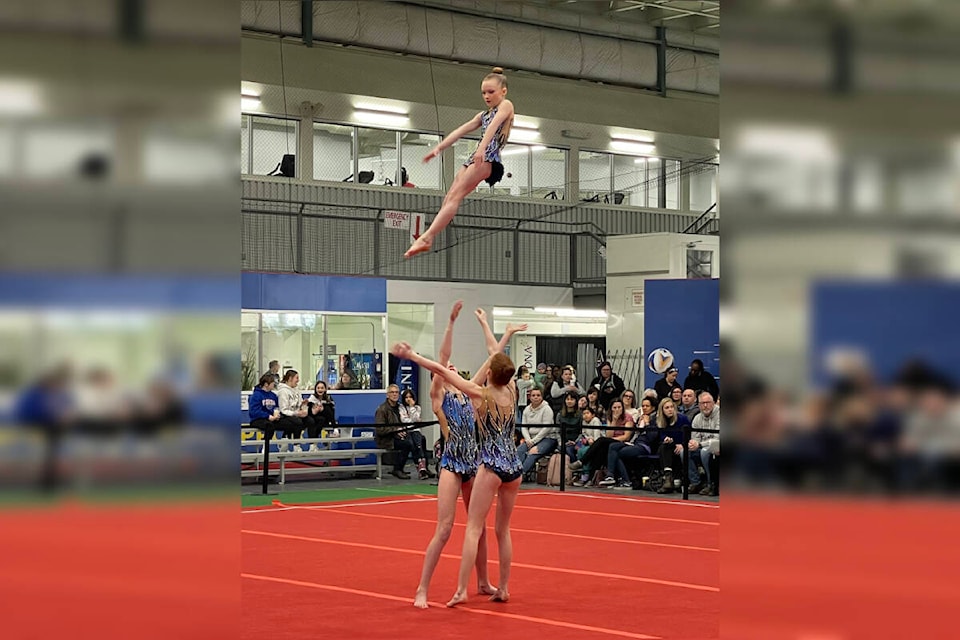 鶹ѡ Gymnastix Acrobatic team members Kinsley Huber, Avery Osachoff, and Faith Conway compete at Gymnastics in the Park in Edmonton, Alta. held Mar 8-10, 2024. (Photo credit 鶹ѡ Acro) 