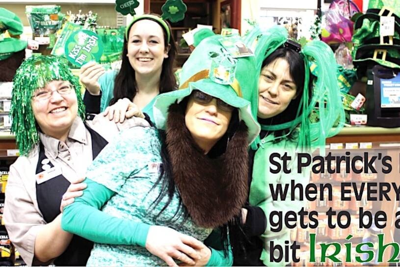“It was time for leprechauns, shamrocks and all things green! Amanda Huot (at the back), Lisa Giles (right), Janice Shand and Michelle McCoy (centre) from Country Grocer dress-up on Monday, March 17 in celebration of St. Patrick’s Day.” (Lake Cowichan Gazette/March 19, 2014) 