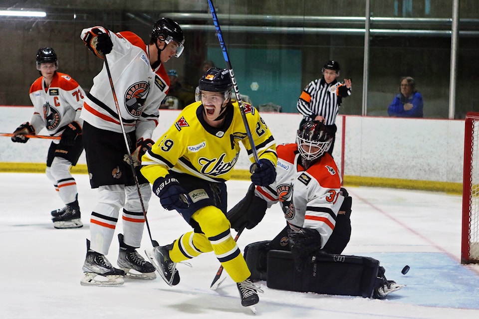 Vernon Viper Luke Pakulak reacts after his teammate scores on the Nanaimo Clippers Saturday, March 16 at Kal Tire Place North. (Lisa Mazurek - Vernon Vipers Photography) 