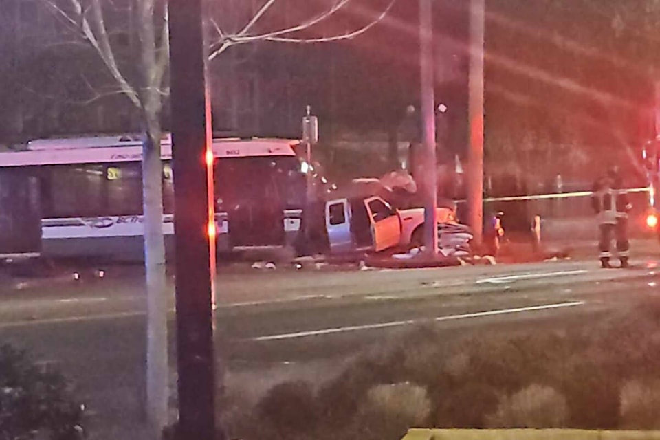 Victoria emergency crews tend to a dramatic aftermath of a crash and Bay and Douglas streets late on March 20. (Courtesy Will J. Hillard) 