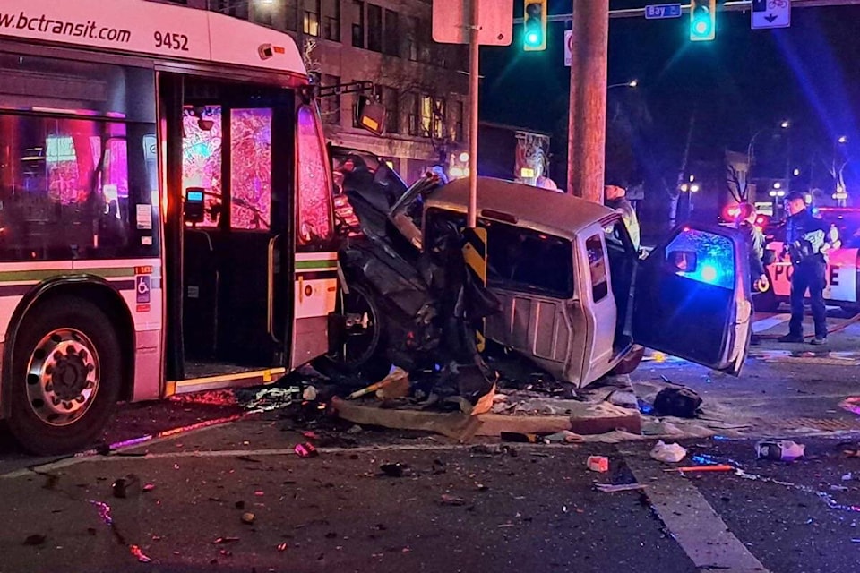 Victoria emergency crews tend to a dramatic aftermath of a crash and Bay and Douglas streets late on March 20. (Courtesy Ryan Bunyan) 