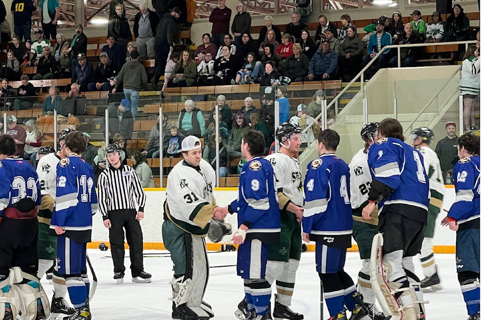 The Williams Lake Stampeders and Terrace River Kings shake hands after a tight series. (Angie Mindus photo/Efteen) 