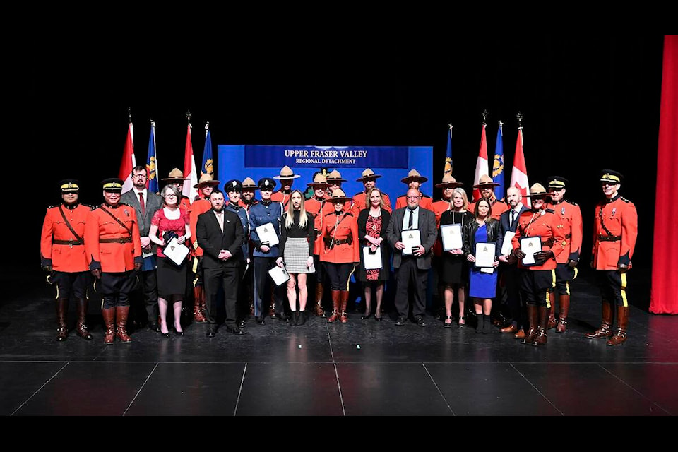 Award recipients at the Upper Fraser Valley Regional Detachment Officer in Charge awards ceremony at the Chilliwack Cultural Centre on March 13, 2024. (RCMP photo) 