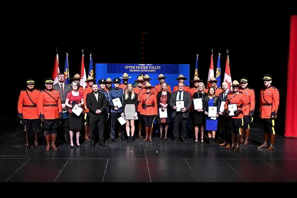 Award recipients at the Upper Fraser Valley Regional Detachment Officer in Charge awards ceremony at the Chilliwack Cultural Centre on March 13, 2024. (RCMP photo) 