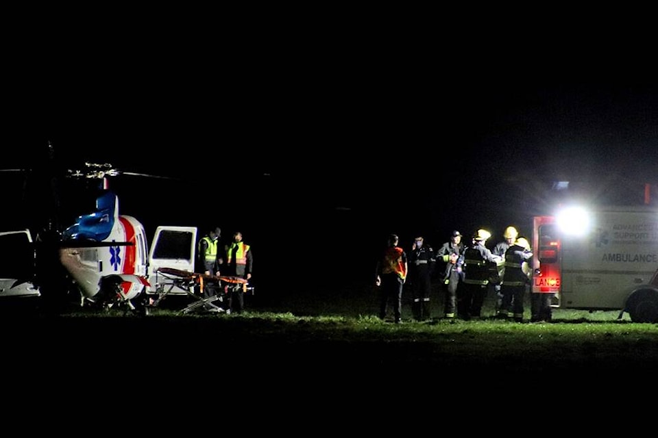 Fire crews had to extricate trapped patients from a car crash on Hawkins Pickle Road in Dewdney on Tuesday night (March 19). One person was airlifted to hospital in serious condition. /Shane MacKichan Photo 