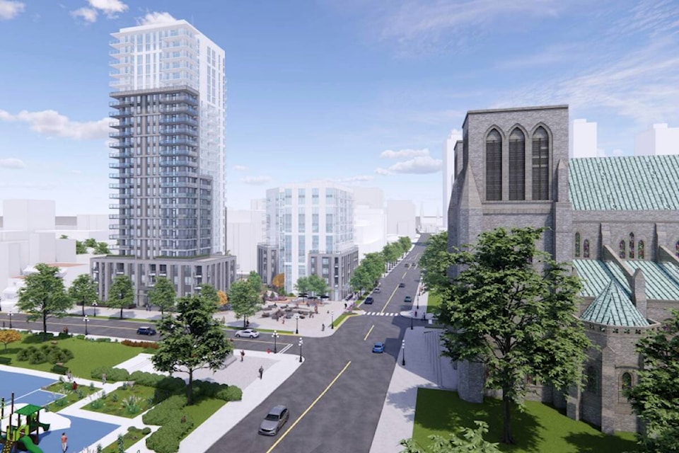 Housing proposed along Quadra Street across from Christ Church Cathedral, which also looks to add housing to its site. (Courtesy of Concert Properties) 