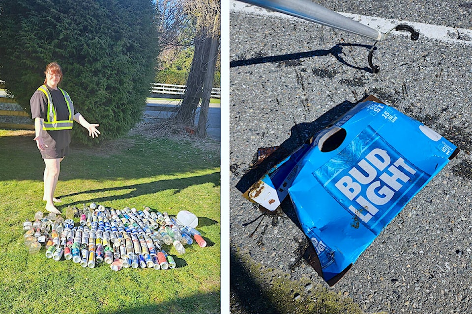 Earth Ninjas founder Jocelyn Titus (left) reported picking up a “staggering” amount of litter along Robertson Crescent over two days, on March 13th and 17th, including more than 200 beer boxes. (Special to Langley Advance Times) 