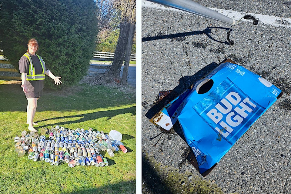 Earth Ninjas founder Jocelyn Titus (left) reported picking up a “staggering” amount of litter along Robertson Crescent over two days, on March 13th and 17th, including more than 200 beer boxes. (Special to ) 