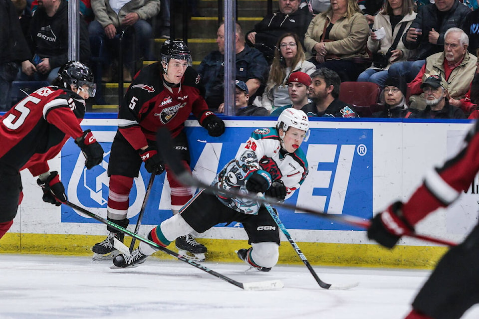  Giants fell 5-2 to the Kelowna Rockets on Saturday night, March 23, in their regular season finale at Prospera Place. (Steve Dunsmoor/Kelowna Rockets/Special to Langley Advance Times) 