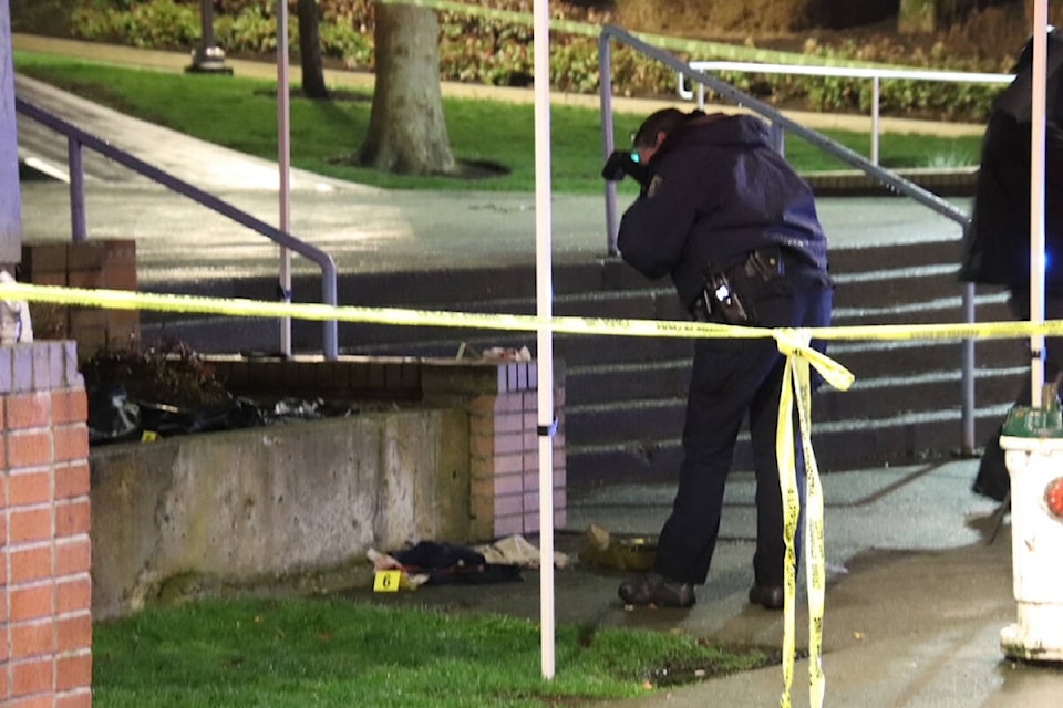 An area near Burnaby’s Metropolis at Metrotown shopping mall is cordoned off with police tape in the early hours of March 26, 2024, after a 43-year-old man was stabbed there. (Credit: Shane MacKichan) 