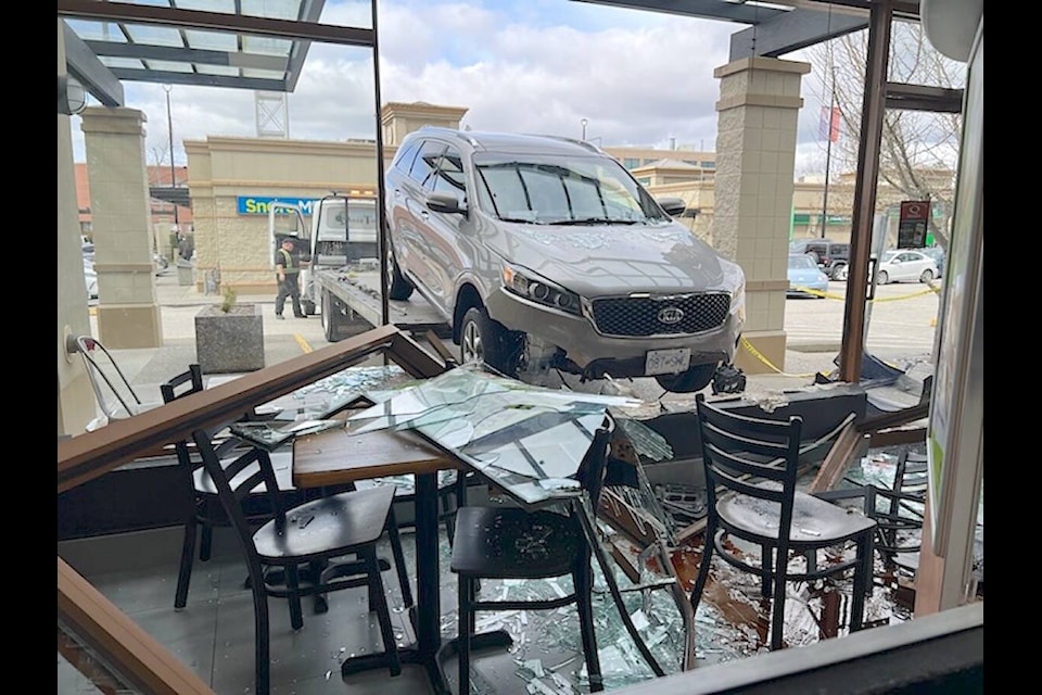 No one was seriously injured when an SUV smashed into the front of the Murrayville Quiznos on Monday, March 26. (Special to Langley Advance Times) 