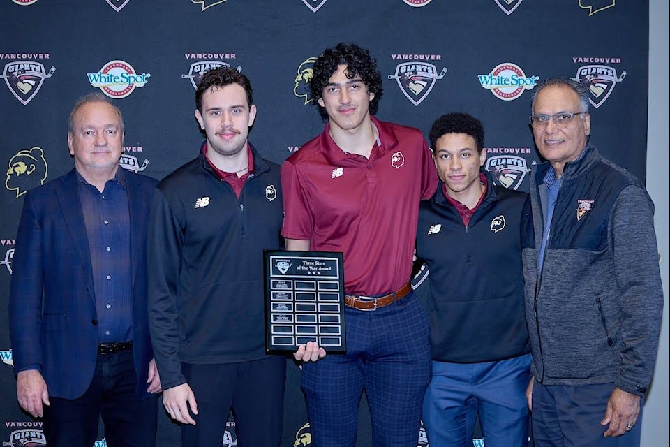 Vancouver Giants Three Stars award went to Brett Mirwald, Jaden Lipinski and Cameron Schmidt, who were most often named one of the first three stars of a game, with Mirwald getting the highest number, finishing the season with nine first star selections, five second star selections and six third star selections. Individual awards were handed out Monday, March 25. (Rob Wilton/Special to Langley Advance Times) 