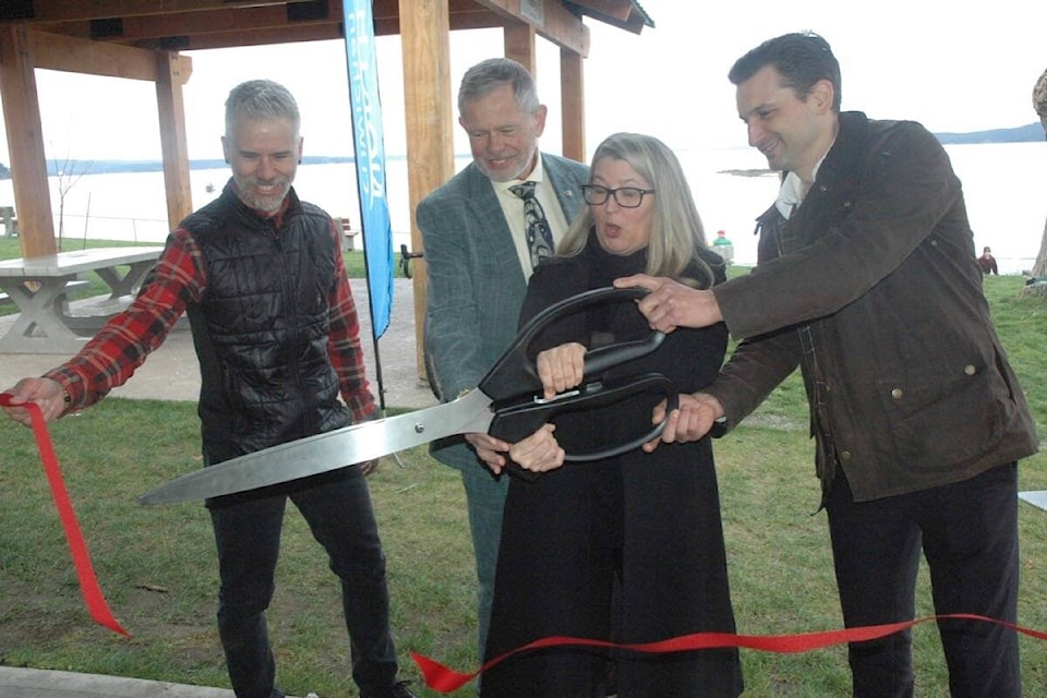 On hand for the ribbon cutting at the new $500,000 accessible washroom at Kin Beach Park in Chemainus on March 25 were, from left, North Cowichan Coun. Chris Istace, Nanaimo-North Cowchan MLA Doug Routley, Lana Popham, B.C.’s Minister of Tourism, Arts, Culture, and Sport, and North Cowichan Mayor Rob Douglas. (Robert Barron/Citizen) 