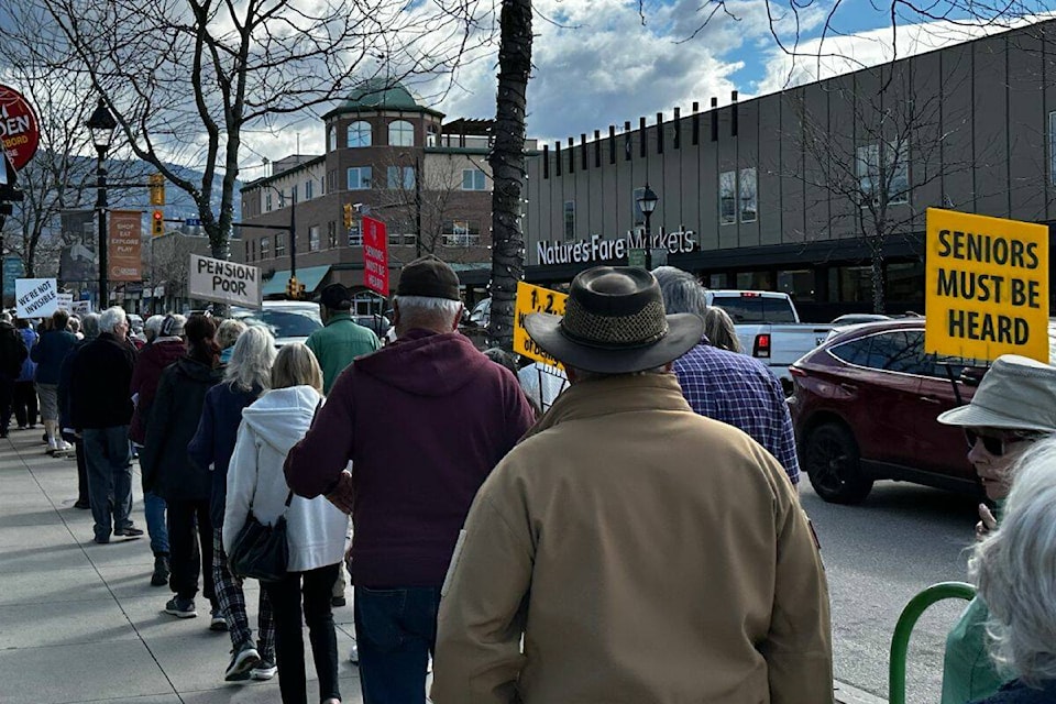 Vernon saw close to 100 individuals march for seniors right for higher pensions on Thursday, March 21. (Bowen Assman- Morning Star) 