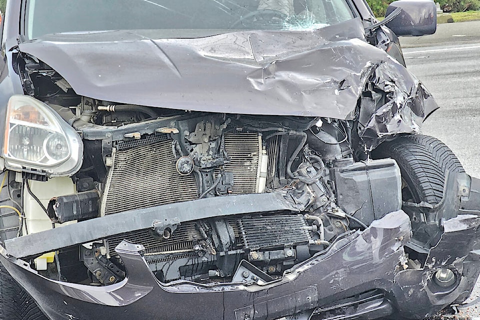  A Monday morning, March 25 crash involving a Ford Bronco and a Nissan Rogue at Fraser Highway and 216th Street sent two people to hospital. (Dan Ferguson/) 