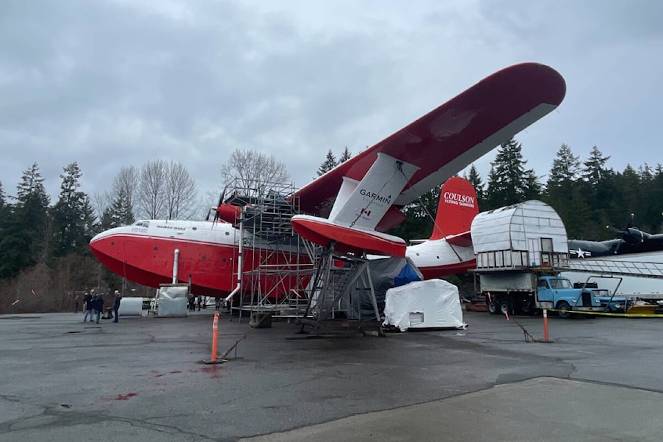 The Hawaii Mars is preparing for its final voyage from Coulson Aviation Tanker Base on Sproat Lake to the Victoria International Airport. (SUSIE QUINN / Alberni Valley News) 