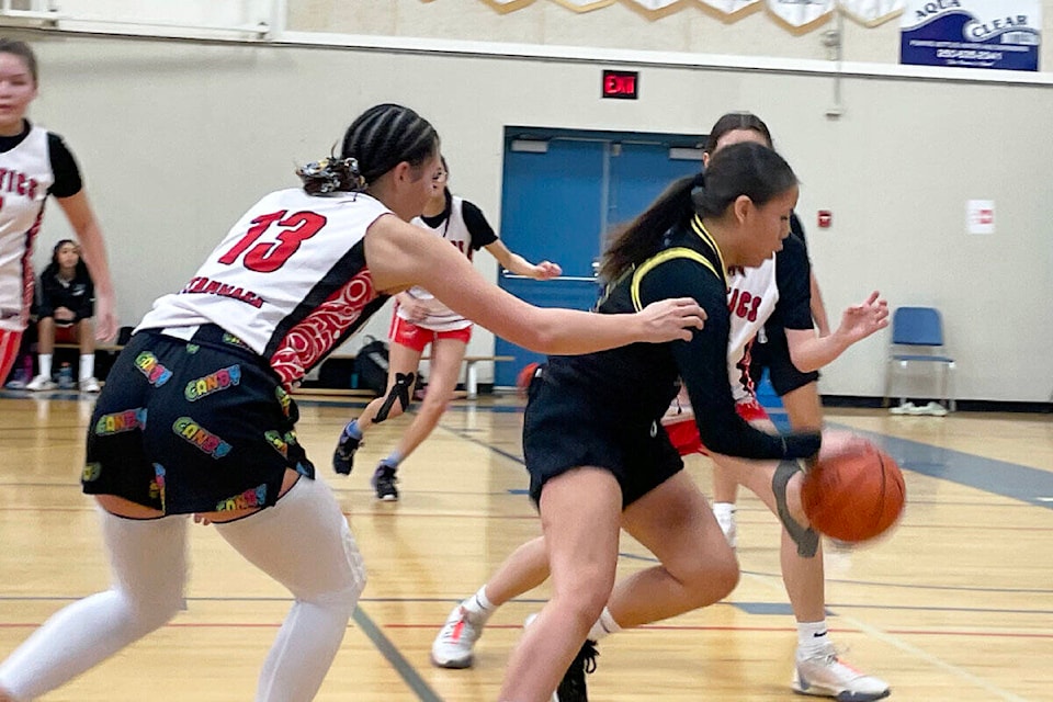 Players exhibit raw determination in the high-stakes action of a girls division match of JANT at Caledonia Secondary School on March 20, 2024. (Prabhnoor Kaur/The Terrace Standard) 