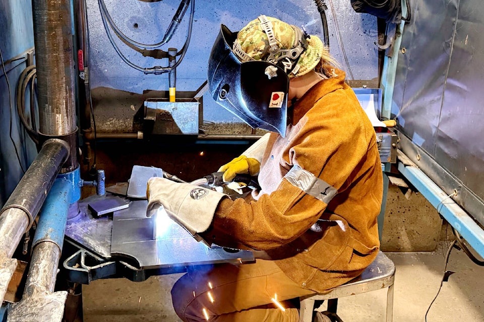 Barriere Secondary Grade 12 student Alexis Nelson welding as part of the TRU Foundation Trades and Transitions program to earn her Level 1 and 2 certifications. Nelson won a gold medal on March 1 during the TRU Regional Skills Competition for trades. She will now move on to the Provincial Skills Championships in Abbotsford on April 16 -17. (Photo by: Kris Luison BSS) 
