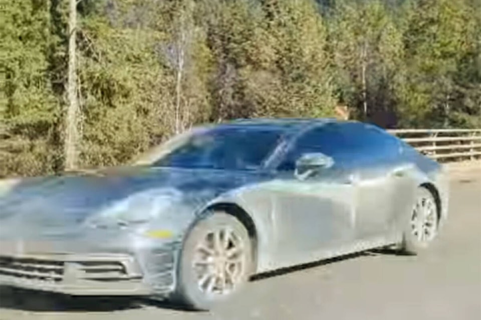 A Porsche clocked by police in Clearwater at 162 kmh was stopped by a spike belt on the Raft River Bridge on March 22 at 4:37 p.m. and two 22 year old males are in custody pending an investigation. (Facebook photo) 