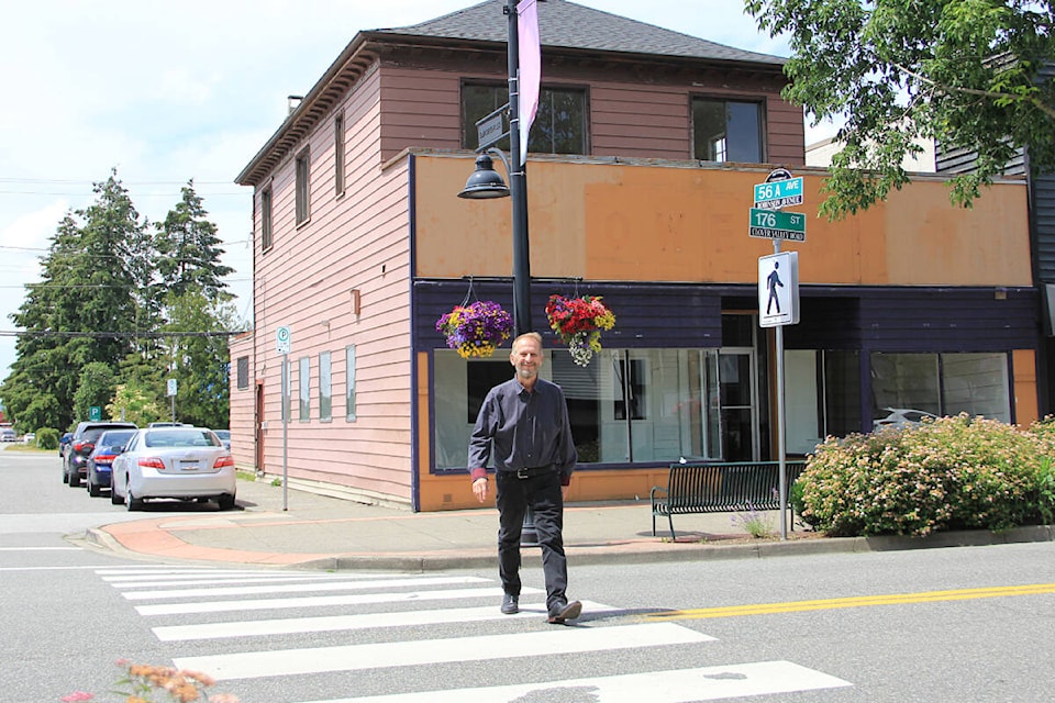 Paul Orazietti crosses 176th in Cloverdale. Orazietti, the executive director of the BIA, is urging the city not to forget about Cloverdale as massive growth comes to Clayton Heights along with the Skytrain extension. (Photo: Malin Jordan) 