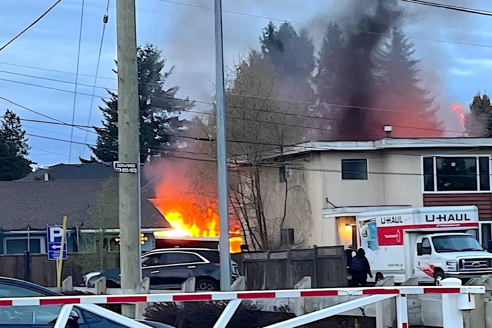  Fire damaged a carport in a fourplex near the Aldergrove community centre on Tuesday morning, April 2. (Aya Lunn/Special to ) 