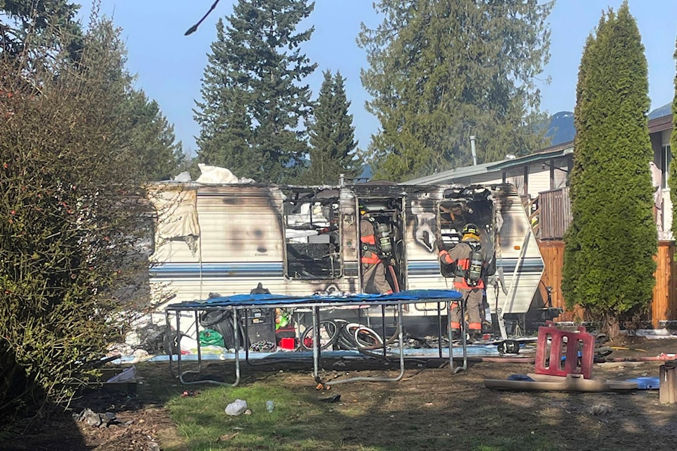 This travel trailer caught fire on Elgin Drive on Saturday, March 30, 2024 in Chilliwack. (Ashton Chudley) 