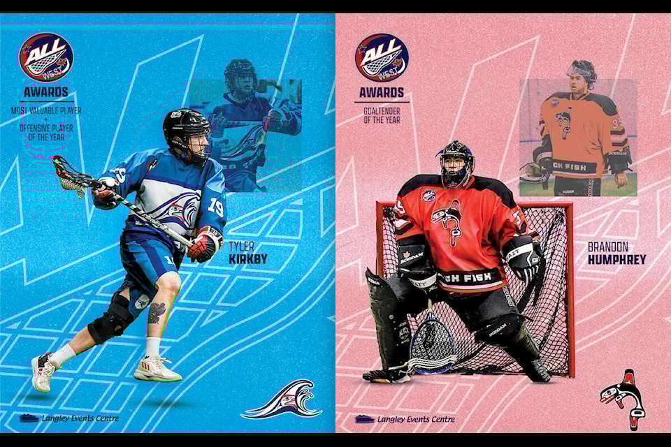Tyler Kirkby won both Most Valuable Player and Top Offensive Player while Brandon Humphrey took home the Top Goaltender of the year award at the Arena Lacrosse League West Division year-end awards in 91ԭ on Thursday, March 28. (Special to 91ԭ Advance Times) 