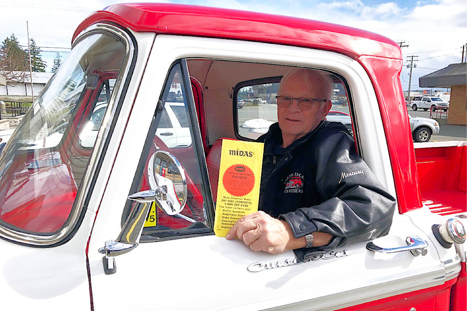 Richard Miller took advantage of Midas Muffler’s lifetime guarantee to replace the muffler on his 1966 Mercury pickup truck after 30 years. Photo by Alistair Taylor/Campbell River Mirror 