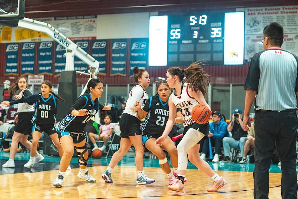 Nuxalk Nation U17 girls play at the Junior All Native Basketball Tournament. (Ryan Parr photo) 