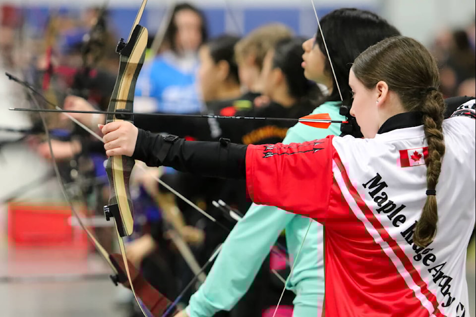 Claire Campbell won bronze in the Barebow – U15 Women category of the 2024 BC Indoor Target Archery Championships. (Brandon Tucker/The News) 