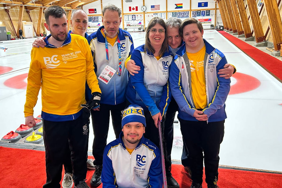 The curling team representing B.C. at the 2024 Special Olympics national bonspiel was comprised of Quesnel and Prince George athletes. The team (L to R): Trevor Roszmann - skip (Quesnel), Dave Roszmann - coach (Quesnel), Martin Scriver - alternate (Quesnel), Cherie Swaan - second (Quesnel), Bill Scobbie - coach (Port Alberni), Sam Russell - third (Prince George), Spencer Rourke - lead (Prince George). (Submitted photo) 