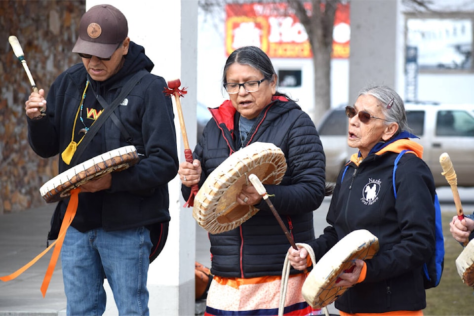 Some of the drummers demonstrating out front of the Quesnel Courthouse calling for justice in the death of Carmelita Abraham. (Tracey Roberts photo - Quesnel Cariboo Observer) 