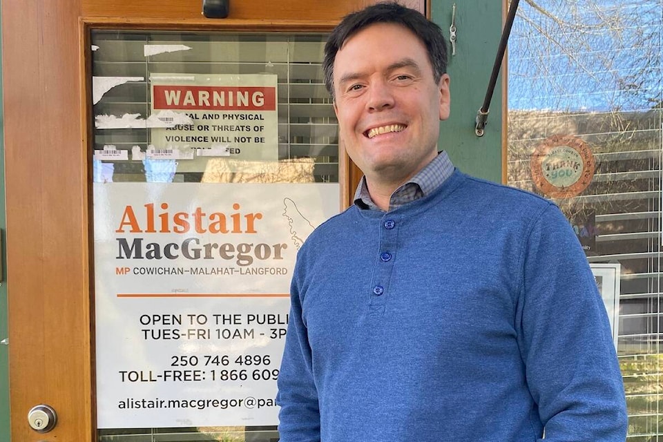 Member of Parliament Alistair MacGregor who represents the Cowichan-Malahat-Langford region stands outside of his office at 126 Ingram St. in Duncan. (Chadd Cawson/Connector) 