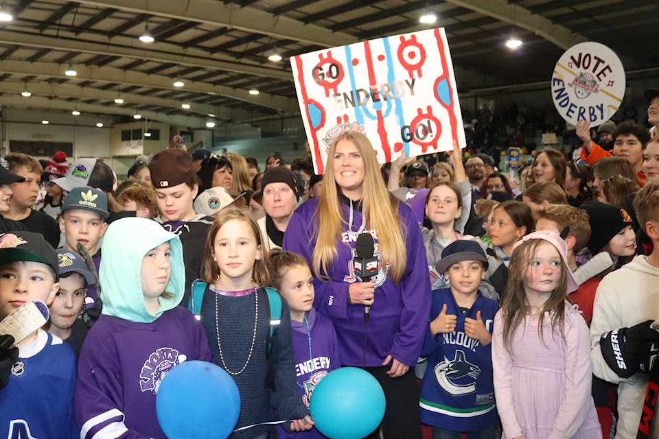 The Enderby Arena was packed for a watch party as the community waited with bated breath to see if the city would be named the winner of Kraft Hockeyville 2024. Elliot Lake, ON, was announced the winner during the Hockey Night in Canada broadcast Saturday, March 30, 2024. (Brendan Shykora - Morning Star) 