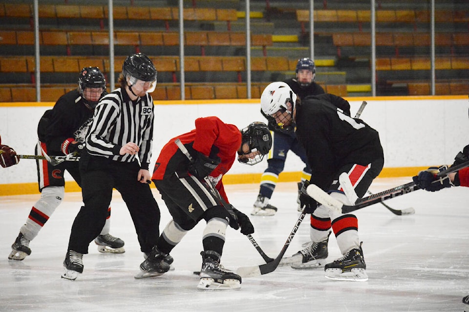 Williams Lake Mustangs Spring ID Camp players compete in the final game Saturday, March 30 at the Cariboo Memorial Recreation Complex.	(Monica Lamb-Yorski photo - Efteen) 