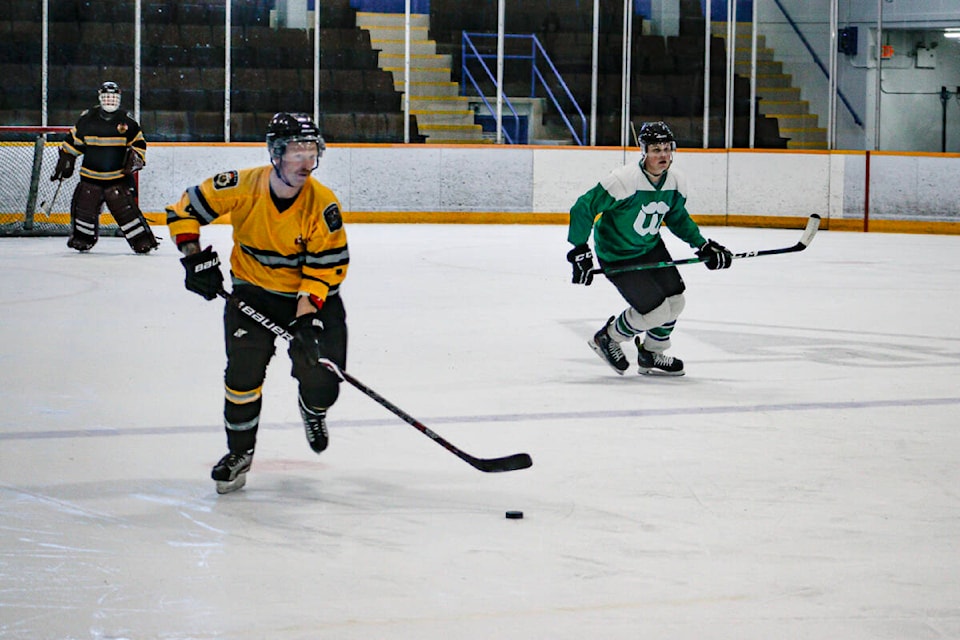 The Oak Bay Fire Department faced off against the Colwood and View Royal fire departments in the annual Ken Gill and Forrest Owens Memorial Hockey Tournament in an effort to increase awareness of mental health and cancer on Friday, April 5. (Bailey Seymour/Black Press) 