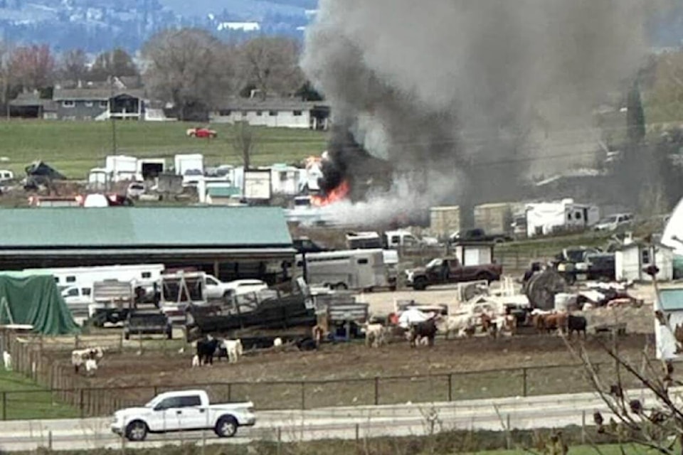 The Kelowna Fire Department and other emergency crews were called to a rural property at Glenmore Road North and Begbie Road for reports of a travel trailer on fire around 9 a.m. Monday, April 8, 2024. (Facebook) 
