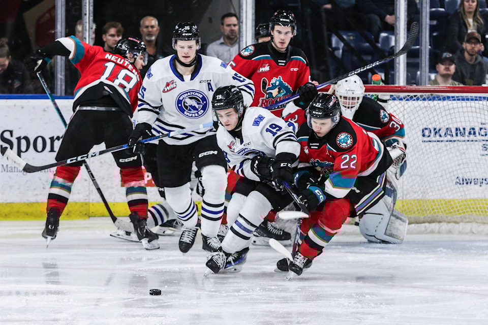 鶹ѡ Rockets Captain Gabriel Szturc (#22) battles for the puck against Wenatchee Wild forward Miles Cooper during Game 6 of their WHL playoff series on April 7, 2024. The Rockets won the game (and the series) 4-2 and will play the Prince George Cougars in the next round. (Steve Dunsmoor/photo) 