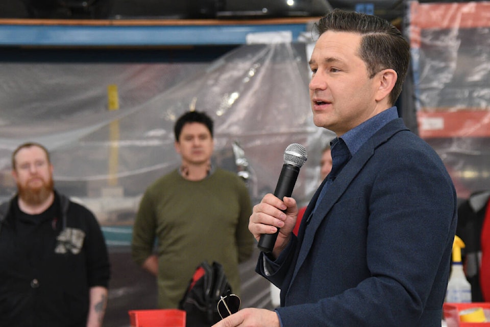 Pierre Poilievre, leader of the federal Conservative Party, speaks to employees at Coulson Aviation during a private tour Thursday, April 4, 2024 of the remanufacturing plant at the Alberni Valley Regional Airport. (SUSIE QUINN/ Alberni Valley News) 