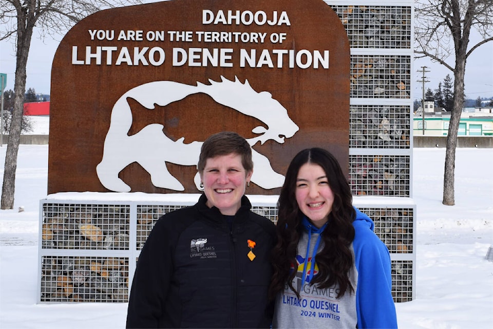 Julia Dillabough met with Kassia Kitamura to share experiences 24 years apart as Quesnel’s two Athlete’s Oath presenters at hometown BC Winter Games. (Tracey Roberts photo - Quesnel Cariboo Observer) 