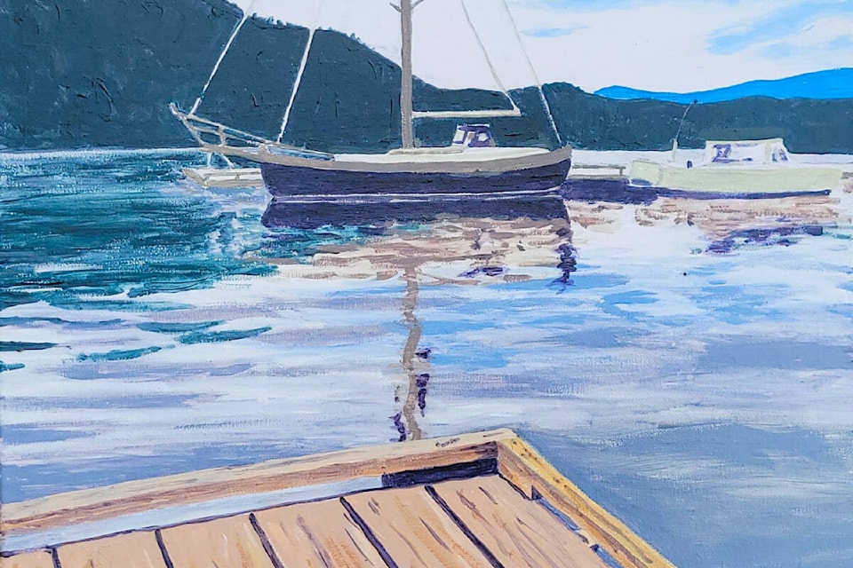 This sailboat by a dock is one of the many acrylic paintings by Tanya Shymko that will be on display at the Quesnel Art Gallery. (Image submitted) 