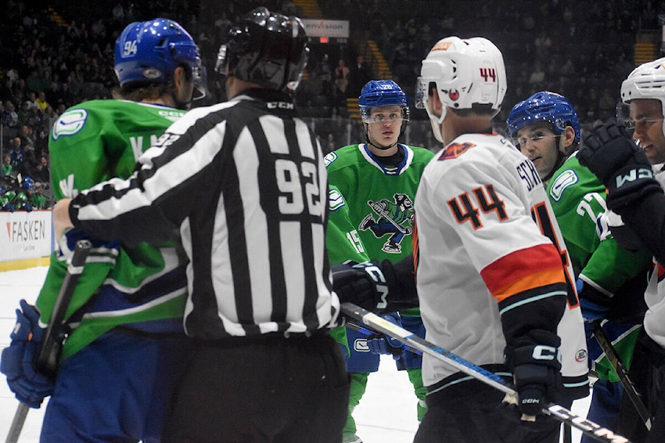 Elias Pettersson gives the opposition a death stare. (Ben Lypka/Abbotsford News) 