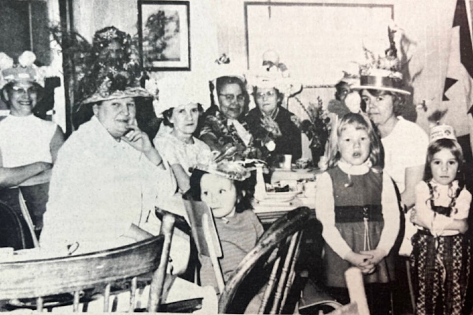 ‘Madhatters’ Tea Party’ (April 11, 1974): ‘(l to r) Agnes Debert, Elizabeth Fehr, Clara Meier, Anne Zabotel, Elaine Harkness, Lorraine Thorne, Anita Moore, and the Misses Van Allen, Debert, and Thorne.’ (Photo credit: <em>Journal</em> archives) 