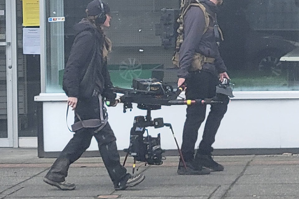 A drone crew for the film production “Final Destination 6: Bloodlines” is seen on 176th Street in Cloverdale April 3 before launching the camera-laden flying robot. (Image via Facebook/CloverdaleBIA) 